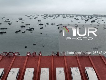 Fishing boats are moored at the central fishing port of Liandao to avoid wind and waves in Lianyungang, Jiangsu Province, China, on December...