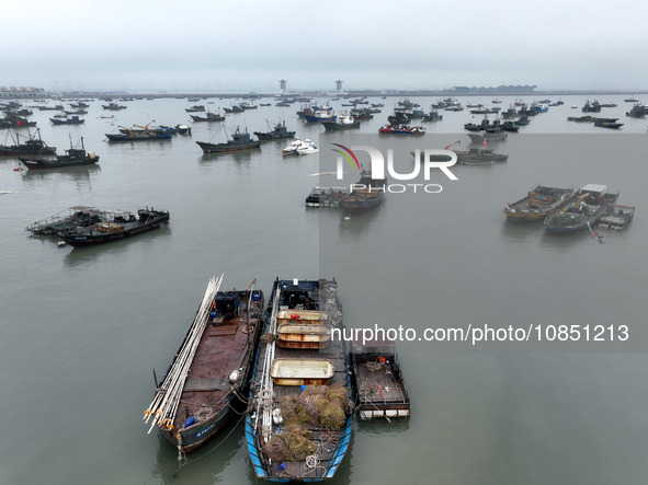 Fishing boats are moored at the central fishing port of Liandao to avoid wind and waves in Lianyungang, Jiangsu Province, China, on December...