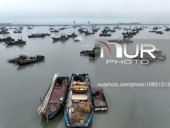 Fishing boats are moored at the central fishing port of Liandao to avoid wind and waves in Lianyungang, Jiangsu Province, China, on December...