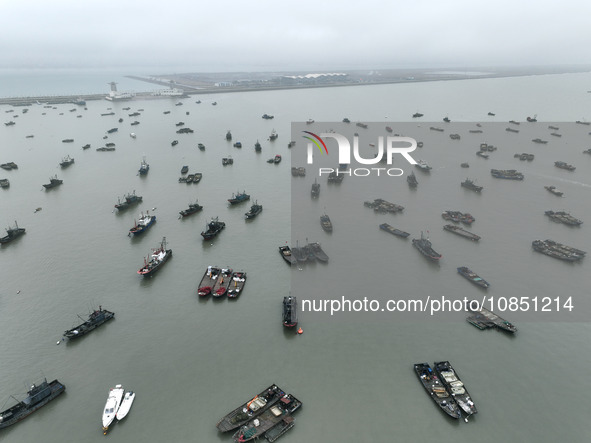 Fishing boats are moored at the central fishing port of Liandao to avoid wind and waves in Lianyungang, Jiangsu Province, China, on December...