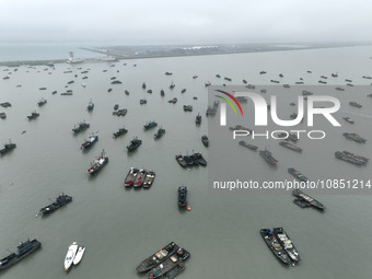 Fishing boats are moored at the central fishing port of Liandao to avoid wind and waves in Lianyungang, Jiangsu Province, China, on December...