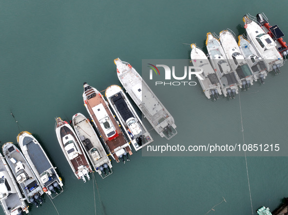 Fishing boats are moored at the central fishing port of Liandao to avoid wind and waves in Lianyungang, Jiangsu Province, China, on December...