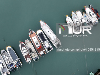 Fishing boats are moored at the central fishing port of Liandao to avoid wind and waves in Lianyungang, Jiangsu Province, China, on December...