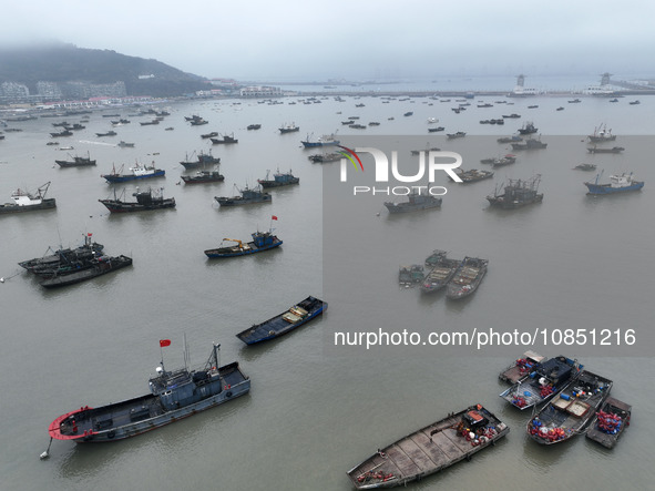 Fishing boats are moored at the central fishing port of Liandao to avoid wind and waves in Lianyungang, Jiangsu Province, China, on December...