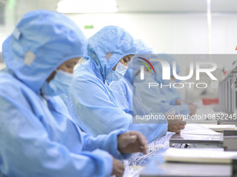 Workers are making medical infusion sets for export in a workshop in Huai'an City, Jiangsu Province, China, on December 14, 2023. (