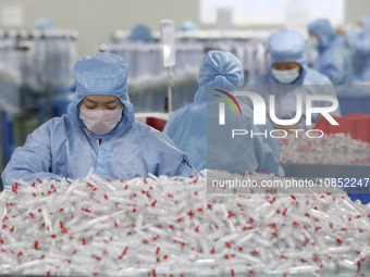 Workers are making medical infusion sets for export in a workshop in Huai'an City, Jiangsu Province, China, on December 14, 2023. (