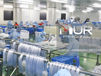 Workers are making medical infusion sets for export at a workshop in Huai'an City, Jiangsu Province, China, on December 14, 2023. (