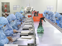 Workers are making medical infusion sets for export in a workshop in Huai'an City, Jiangsu Province, China, on December 14, 2023. (