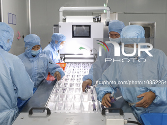 Workers are making medical infusion sets for export at a workshop in Huai'an City, Jiangsu Province, China, on December 14, 2023. (