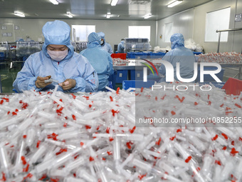 Workers are making medical infusion sets for export at a workshop in Huai'an City, Jiangsu Province, China, on December 14, 2023. (