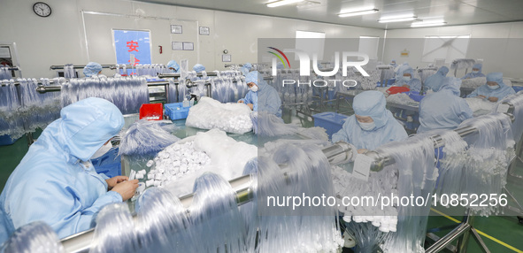 Workers are making medical infusion sets for export at a workshop in Huai'an City, Jiangsu Province, China, on December 14, 2023. 