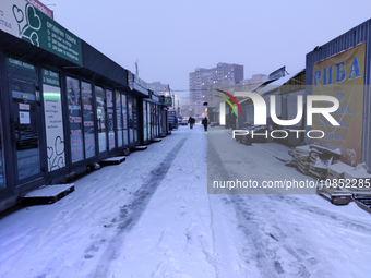 A snowy street is seen in Kyiv, the capital of Ukraine, on December 14, 2023. (