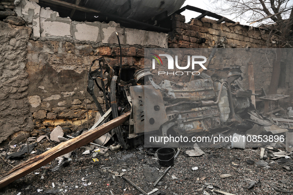 A burnt-out car is being seen in Odesa, Ukraine, on December 14, 2023, after a Russian overnight attack. During the night of December 13 to...