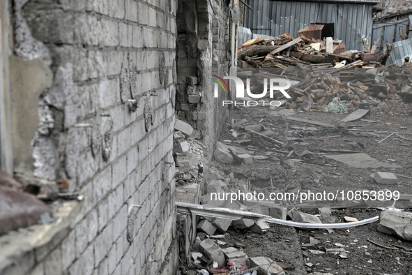 Rubble is covering the ground outside a hostel that was damaged in a Russian overnight attack in Odesa, southern Ukraine, on December 14, 20...