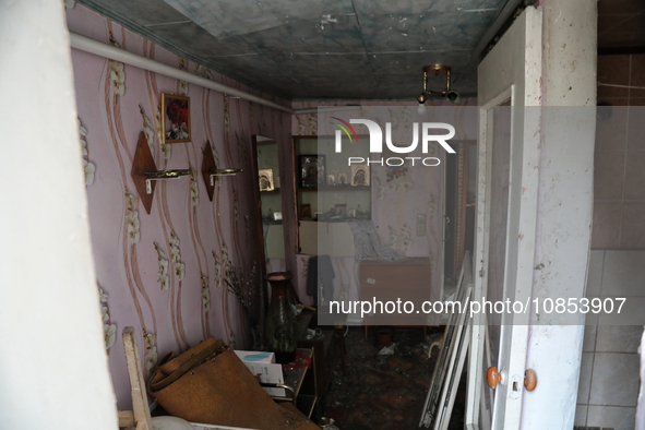 A room is being seen in a hostel that was damaged in a Russian overnight attack in Odesa, southern Ukraine, on December 14, 2023. During the...