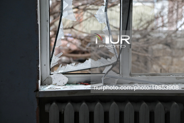 A window is being seen smashed in a hostel that is damaged in a Russian overnight attack in Odesa, southern Ukraine, on December 14, 2023. O...