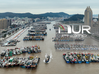 A large number of fishing boats are taking shelter at Shenjiamen fishing port in Zhoushan, Zhejiang Province, China, on December 15, 2023. (