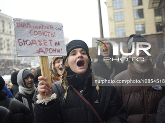 Demonstrators are demanding an increase in financial support for the Armed Forces of Ukraine outside the Kyiv City State Administration buil...