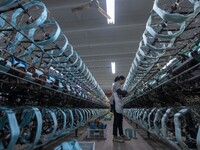 A worker is working at a workshop of a textile company in Haian, Jiangsu Province, East China, on December 14, 2023. (