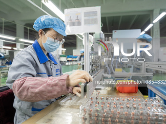 A worker is producing motor products at a motor production workshop in Nantong, Jiangsu Province, China, on December 15, 2023. (