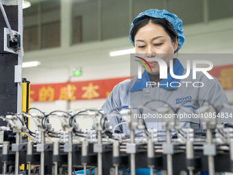 A worker is producing motor products at a motor production workshop in Nantong, Jiangsu Province, China, on December 15, 2023. (