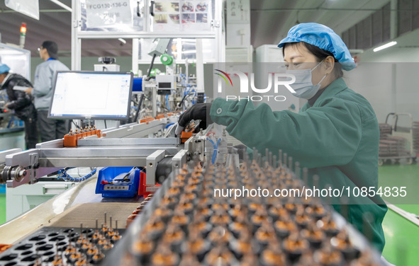 A worker is producing motor products at a motor production workshop in Nantong, Jiangsu Province, China, on December 15, 2023. 