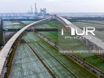 Builders are working in the snow at the construction site of the Changtai Yangtze River Bridge in Taixing, Jiangsu Province, East China, on...