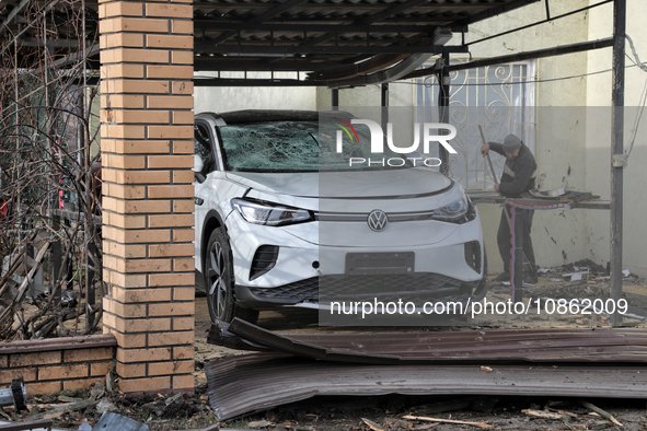 A car is being damaged by Russian shelling in Odesa Region, southern Ukraine, on December 17, 2023. 