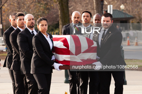 The casket of retired Associate Justice Sandra Day O’Connor, the first woman to serve on the Supreme Court, arrives at the Court to lie in r...