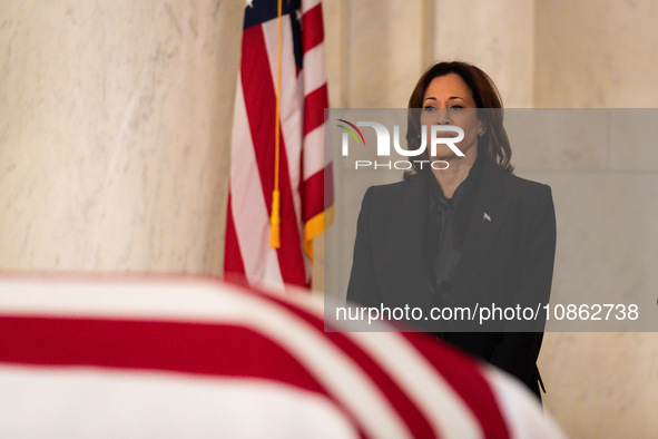 Vice President Kamala Harris pays her respects to retired Associate Justice Sandra Day O’Connor, the first woman to serve on the Supreme Cou...