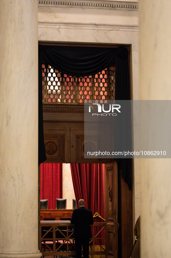 Black drapes adorn the entrance to the Supreme Court chamber as retired Associate Justice Sandra Day O’Connor, the first woman to serve on t...