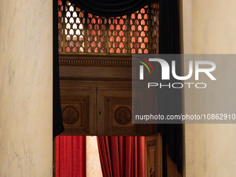 Black drapes adorn the entrance to the Supreme Court chamber as retired Associate Justice Sandra Day O’Connor, the first woman to serve on t...