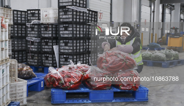 Workers are sorting materials at a warehouse in Huai'an City, Jiangsu Province, China, on December 19, 2023. 