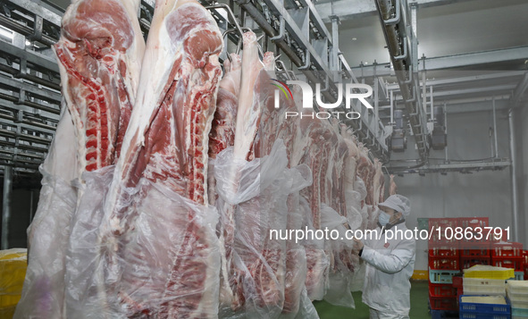 Workers are sorting materials at a warehouse in Huai'an City, Jiangsu Province, China, on December 19, 2023. 