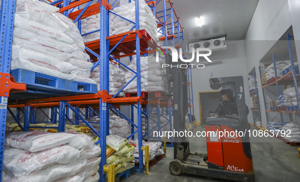 Workers are sorting materials at a warehouse in Huai'an City, Jiangsu Province, China, on December 19, 2023. 