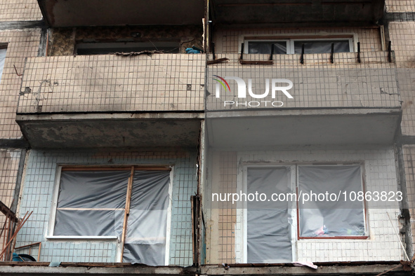 A residential building at 4A Ostafiia Dashkevycha Street in Kyiv, Ukraine, is showing damage from the debris of downed Russian ballistic mis...