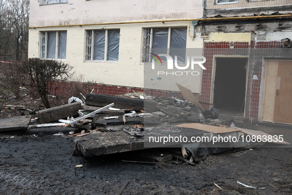 A residential building at 4A Ostafiia Dashkevycha Street in Kyiv, Ukraine, is showing damage from the debris of downed Russian ballistic mis...