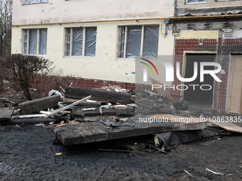 A residential building at 4A Ostafiia Dashkevycha Street in Kyiv, Ukraine, is showing damage from the debris of downed Russian ballistic mis...