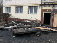 A residential building at 4A Ostafiia Dashkevycha Street in Kyiv, Ukraine, is showing damage from the debris of downed Russian ballistic mis...