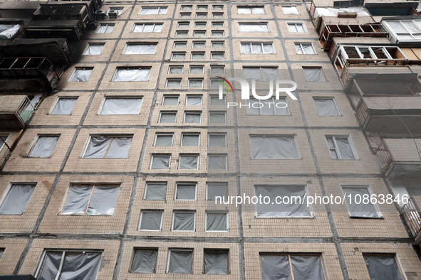 A residential building at 4A Ostafiia Dashkevycha Street in Kyiv, Ukraine, is showing damage from the debris of downed Russian ballistic mis...