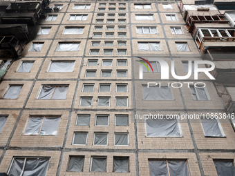 A residential building at 4A Ostafiia Dashkevycha Street in Kyiv, Ukraine, is showing damage from the debris of downed Russian ballistic mis...