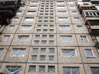 A residential building at 4A Ostafiia Dashkevycha Street in Kyiv, Ukraine, is showing damage from the debris of downed Russian ballistic mis...