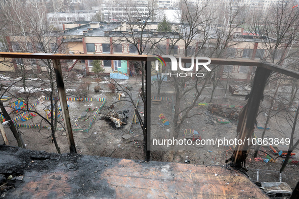 A view from a burnt-out balcony in Anatolii Luchok's apartment is showing the yard after the residential building at 4A Ostafiia Dashkevycha...