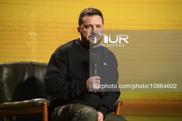 President Volodymyr Zelenskiy of Ukraine is answering questions from journalists during a large summary press conference in Kyiv, Ukraine, o...