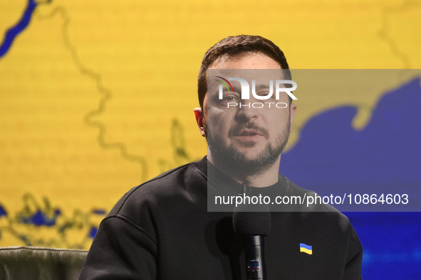 President Volodymyr Zelenskiy of Ukraine is answering questions from journalists during a large summary press conference in Kyiv, Ukraine, o...