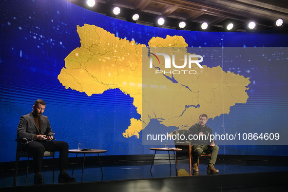 President Volodymyr Zelenskiy of Ukraine is answering questions from journalists during a large summary press conference in Kyiv, Ukraine, o...