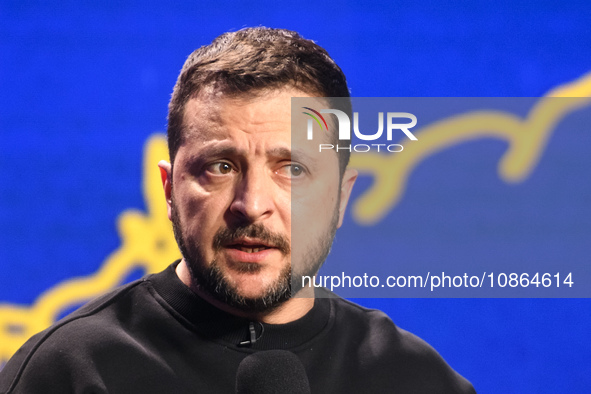 President Volodymyr Zelenskiy of Ukraine is answering questions from journalists during a large summary press conference in Kyiv, Ukraine, o...