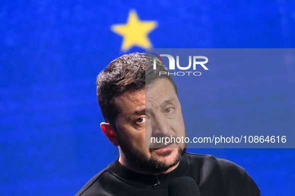 President Volodymyr Zelenskiy of Ukraine is answering questions from journalists during a large summary press conference in Kyiv, Ukraine, o...