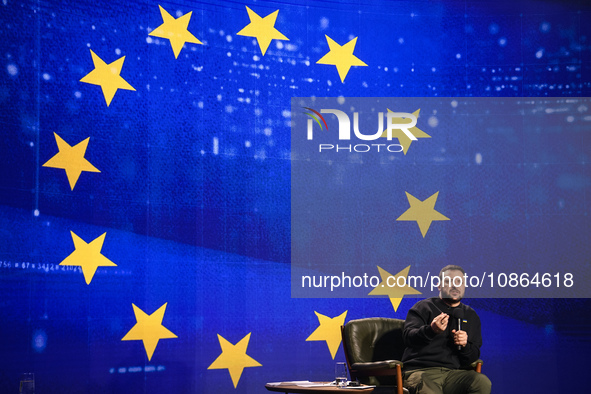 President Volodymyr Zelenskiy of Ukraine is answering questions from journalists during a large summary press conference in Kyiv, Ukraine, o...