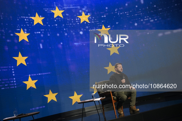 President Volodymyr Zelenskiy of Ukraine is answering questions from journalists during a large summary press conference in Kyiv, Ukraine, o...